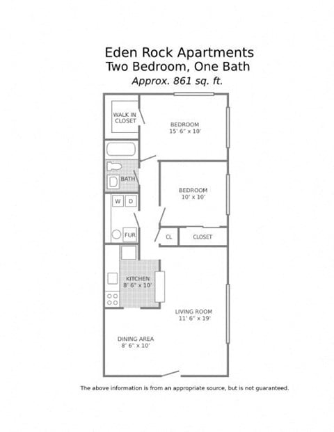 Floor plan for 2 beds, 1 bath, 861 sqft